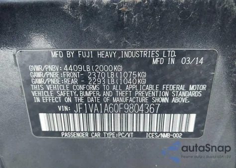 2015 Subaru Wrx z USA, uszkodzony, nr VIN JF1VA1A60F9804367